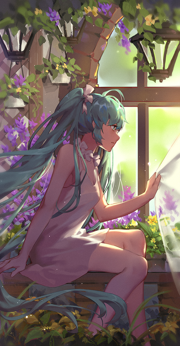 bangs blurry blurry_background blush bow curtain_grab curtains depth_of_field dress flower green_eyes green_hair hair_bow hatsune_miku holding indoors lantern long_hair parted_lips purple_flower sitting sleeveless sleeveless_dress solo timmy_(tztime) transparent twintails very_long_hair vocaloid white_bow white_dress window yellow_flower