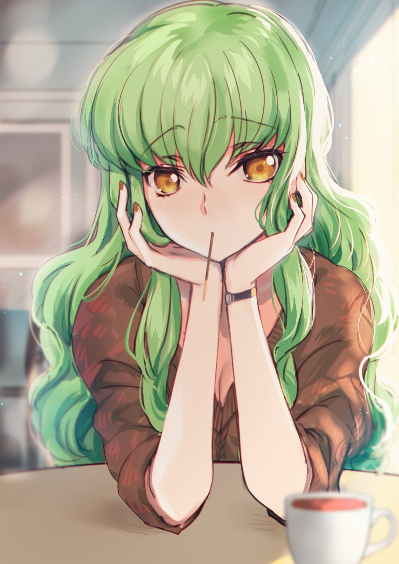 bangs blurry blurry_background breasts brown_nails brown_sweater c.c. cleavage code_geass creayus cup eyebrows_visible_through_hair food green_hair hair_between_eyes head_rest indoors long_hair looking_at_viewer medium_breasts mouth_hold nail_polish pocky pocky_day pov_across_table sleeves_pushed_up solo sweater table teacup upper_body watch wristwatch yellow_eyes