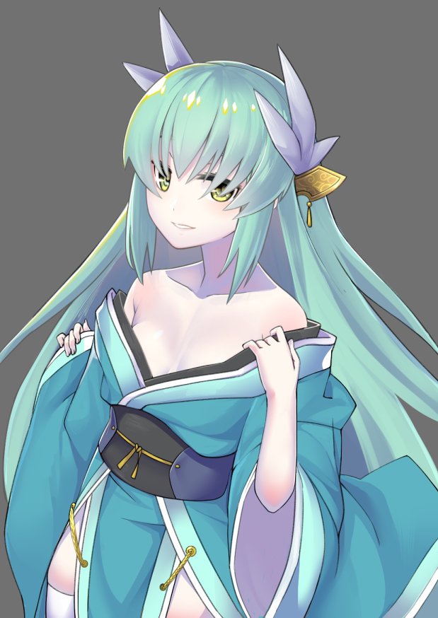 bangs blue_kimono breasts cleavage collarbone cowboy_shot fate/grand_order fate_(series) floating_hair goemon1110 green_eyes green_hair grey_background hair_between_eyes hair_ornament japanese_clothes kimono kiyohime_(fate/grand_order) long_hair long_sleeves obi off_shoulder open_clothes open_kimono parted_lips sash shiny shiny_hair simple_background small_breasts solo standing thighhighs very_long_hair white_legwear white_sleeves