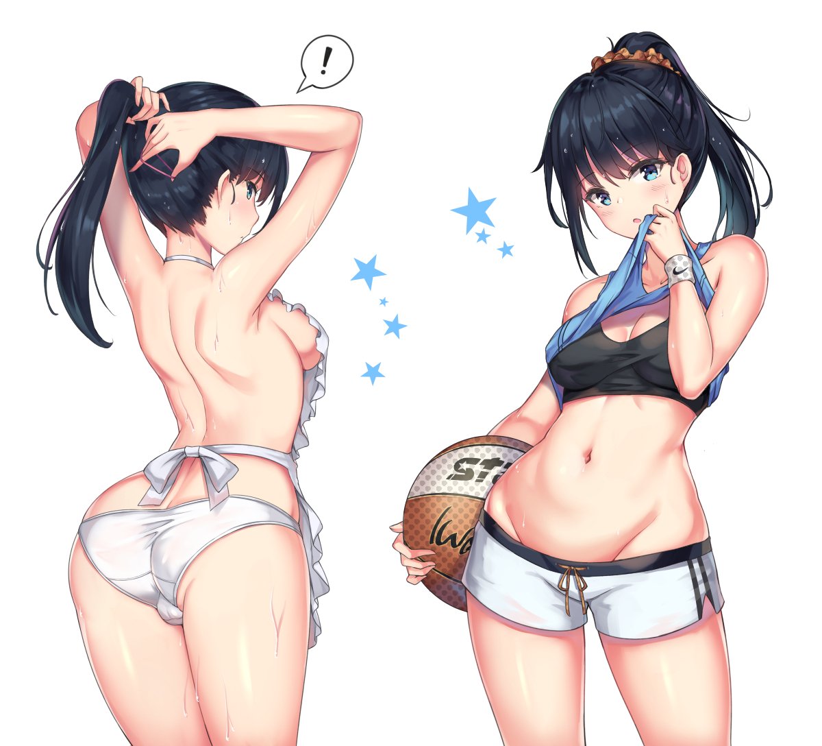 1girl apron ass back ball bangs basketball black_bra black_hair blue_eyes blush bra breasts cenangam cleavage commentary_request eyebrows_visible_through_hair from_behind groin hair_tie holding holding_ball long_hair looking_at_viewer looking_back medium_breasts multiple_views navel nike orange_scrunchie panties ponytail scrunchie short_shorts shorts shoulder_blades simple_background singlet spoken_exclamation_mark sports_bra ssss.gridman star stomach sweat takarada_rikka thighs tying_hair underwear white_background white_panties wiping_sweat wristband