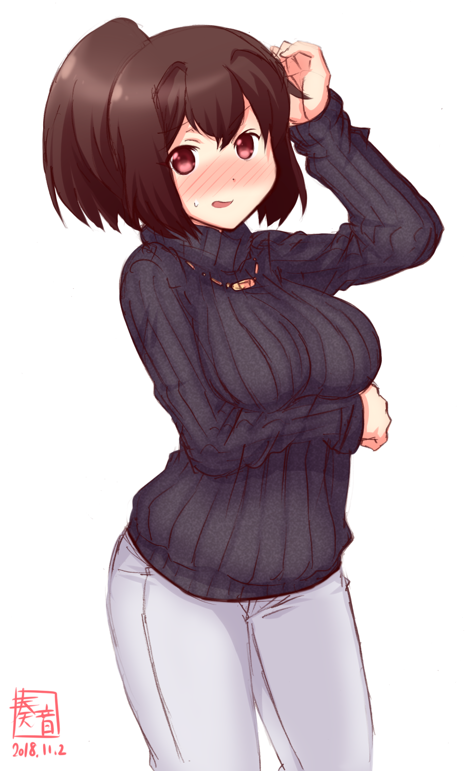 alternate_costume artist_logo black_sweater blush breast_hold breasts brown_eyes brown_hair commentary_request dated eyebrows_visible_through_hair hair_between_eyes hand_to_head highres ise_(kantai_collection) jewelry kanon_(kurogane_knights) kantai_collection large_breasts long_sleeves looking_at_viewer necklace open_mouth pants ponytail ribbed_sweater short_hair signature simple_background solo sweatdrop sweater turtleneck turtleneck_sweater white_background white_pants