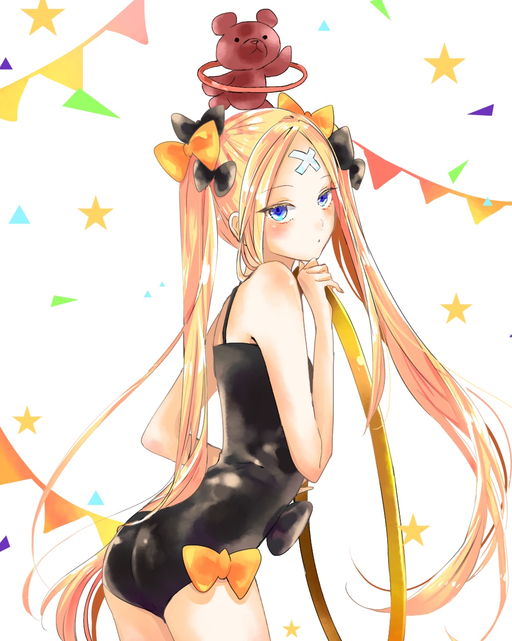 abigail_williams_(fate/grand_order) artist_request ass bandaid_on_forehead bangs black_bow black_hat black_leotard blonde_hair blue_eyes blush bow closed_mouth commentary_request crossed_bandaids fate/grand_order fate_(series) forehead hair_bow hat highres hips hoop hula_hoop leotard long_hair looking_at_viewer orange_bow parted_bangs solo star stuffed_animal stuffed_toy teddy_bear twintails very_long_hair white_background