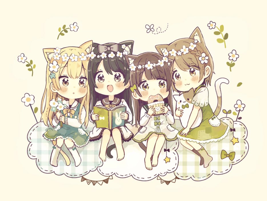 :3 :d :o animal animal_ear_fluff animal_ears bangs barefoot blonde_hair blue_flower blush book bow braid brown_eyes brown_hair brown_legwear brown_sailor_collar bug butterfly cat_ears cat_girl cat_tail chibi closed_mouth commentary_request doughnut dress eating eyebrows_visible_through_hair flower flower_wreath food green_bow green_dress hair_between_eyes hair_bow head_tilt head_wreath holding holding_book holding_flower holding_food insect kneehighs light_brown_hair long_hair long_sleeves multiple_girls no_shoes open_book open_mouth original parted_lips sailor_collar sailor_dress sakura_oriko short_sleeves sitting smile star tail very_long_hair white_dress white_flower white_legwear