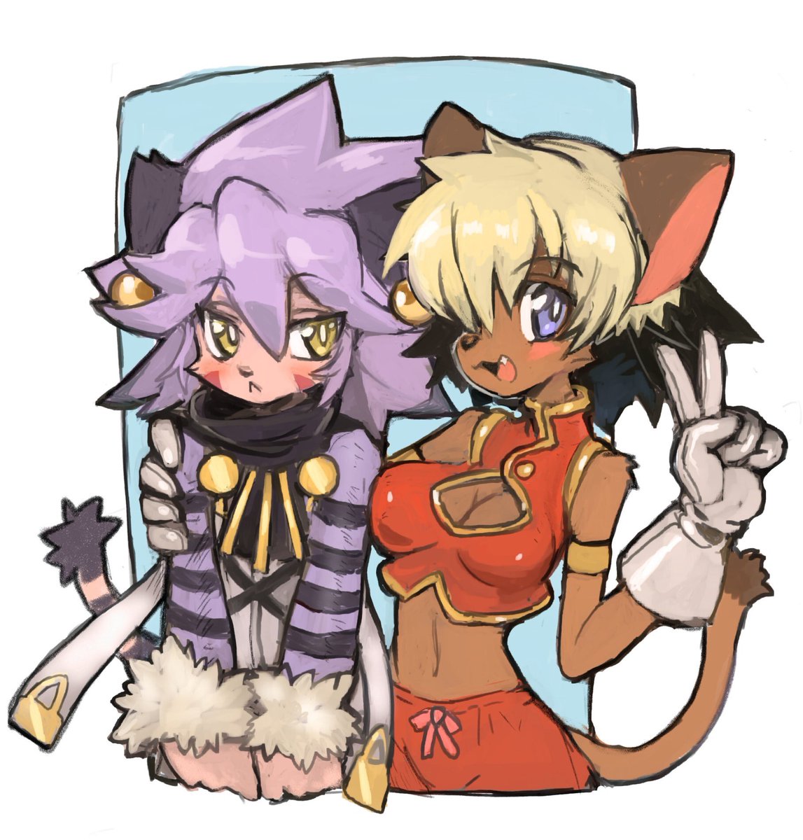 2girls alicia_priss animal_ears armlet bangs bare_arms black_hair blonde_hair blue_eyes blush breasts cat_ears cat_tail catgirl cleavage cleavage_cutout dark_skin earrings eyebrows_visible_through_hair facial_mark fang female fur_trim gloves hair_between_eyes hand_gesture hand_on_another's_shoulder jewelry little_tail_bronx midrif multicolored_hair multiple_girls navel simple_background solatorobo tail tail_concerto two-tone_hair v white_gloves