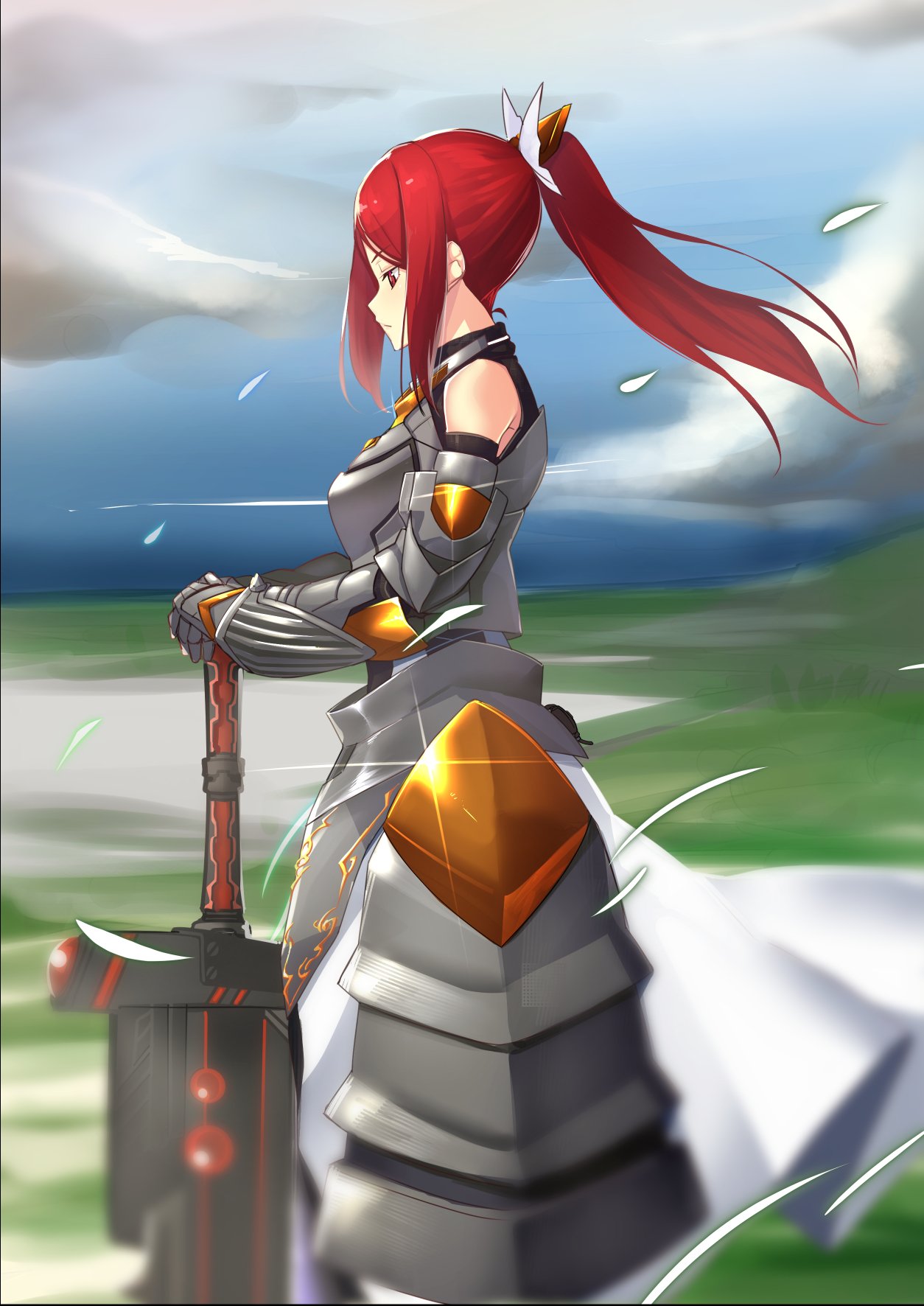armor armored_dress bow breastplate character_request cloud cloudy_sky day dress faulds floating_hair from_side gauntlets goemon1110 hair_bow hands_on_hilt highres long_hair looking_down outdoors ponytail red_eyes red_hair sidelocks sky sleeveless sleeveless_dress solo standing white_bow white_dress