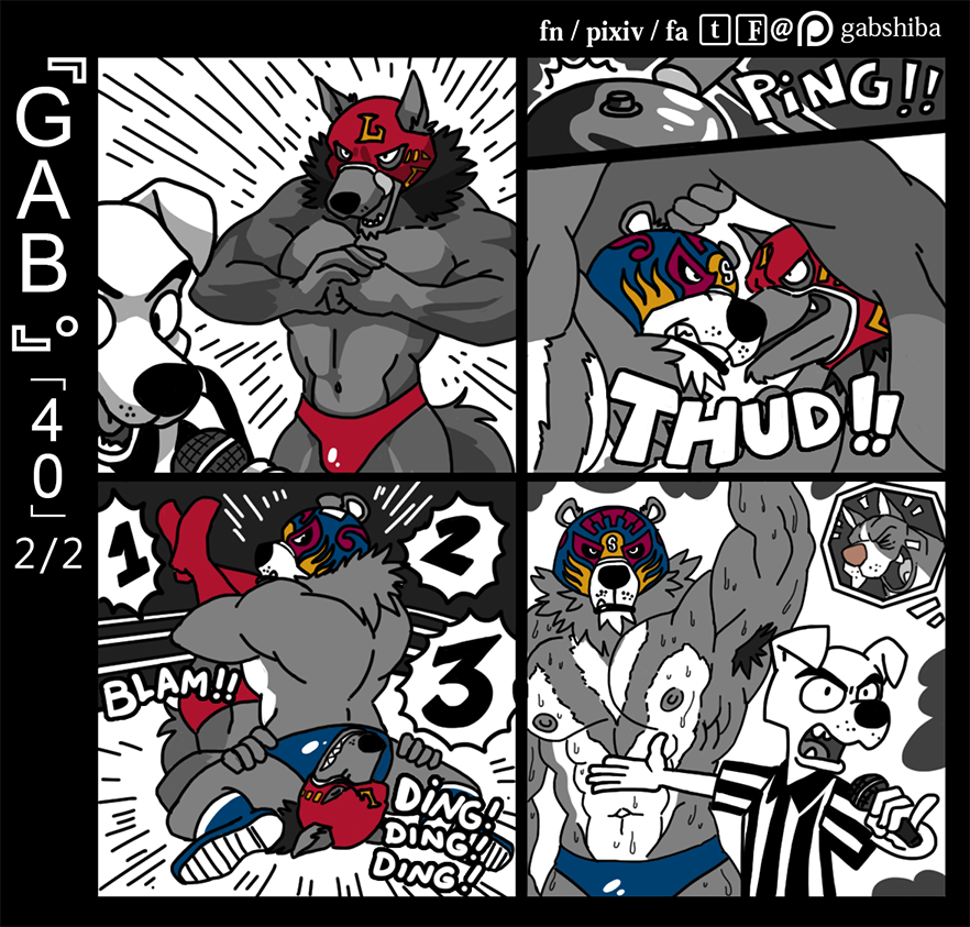 5_fingers abs anthro bear biceps black_border boots border bulge canine clothed clothing comic cutaway cute_fangs dog emanata footwear fully_clothed gabshiba group inside leg_grab male mammal mask microphone muscular muscular_male navel nipples open_mouth pecs pink_tongue pit_bull restricted_palette ruff_bull shirt standing sweat tank_top tongue topless wolf wrestling