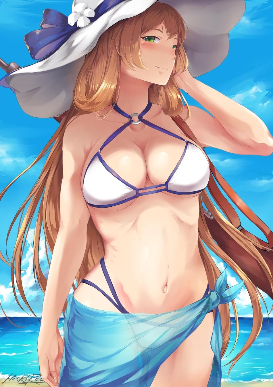 1girl adjusting_hair alternate_costume arm_at_side artist_name bangs bare_arms bare_shoulders beach bikini blue_bikini blue_sarong blue_sky blue_swimsuit blush bolt_action breasts cleavage closed_mouth cloud collarbone collared_shirt cowboy_shot criss-cross_halter day eyebrows_visible_through_hair female girls_frontline green_eyes groin gun hair_between_eyes hair_rings halterneck hand_up hat highleg highleg_bikini highleg_swimsuit highres hiroki_ree large_breasts legs light_brown_hair long_hair looking_at_viewer m1903_springfield m1903_springfield_(girls_frontline) navel neck o-ring o-ring_bikini o-ring_swimsuit o-ring_top ocean outdoors rifle sand sarong sea see-through shirt sidelocks signature sky smile solo standing stomach summer sun_hat swimsuit thighs water weapon weapon_on_back white_bikini white_hat white_swimsuit