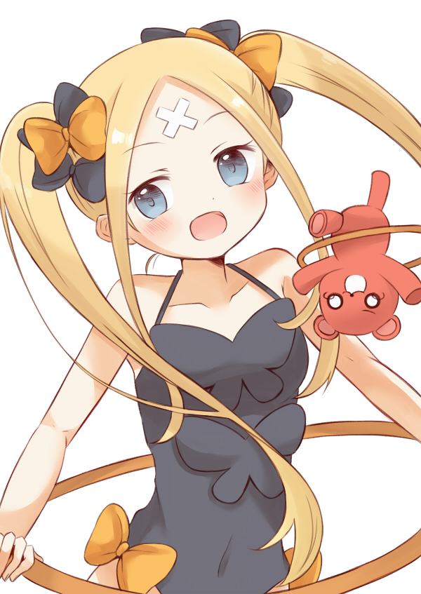 :d abigail_williams_(fate/grand_order) alternate_costume alternate_hairstyle bad_id bad_pixiv_id bangs bare_arms bare_shoulders black_bow black_leotard blue_eyes blush bow bug butterfly collarbone commentary_request covered_navel crossed_bandaids eyebrows_visible_through_hair fate/grand_order fate_(series) hair_bow head_tilt hikkii hoop insect leotard long_hair open_mouth orange_bow parted_bangs simple_background smile solo stuffed_animal stuffed_toy teddy_bear upper_body very_long_hair white_background