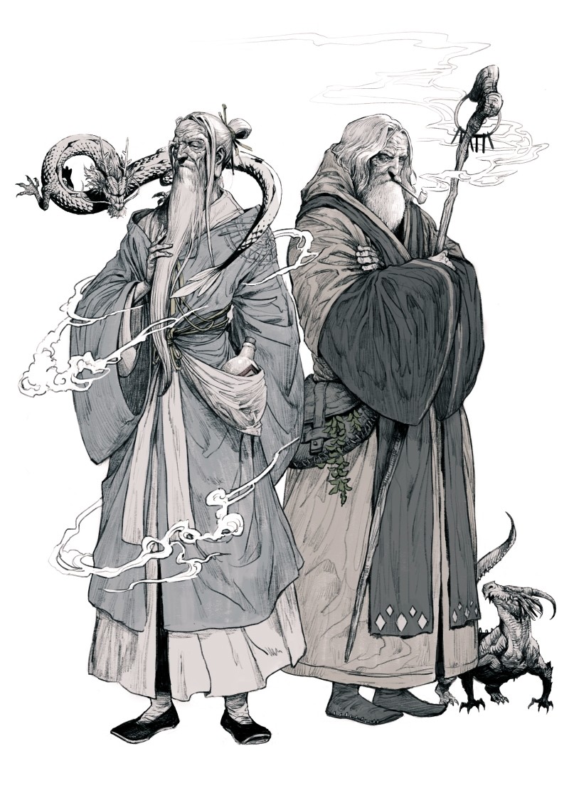 arm_at_side bag beard commentary creature crossed_arms dragon eastern_dragon facial_hair flats full_body greyscale hair_ornament hair_stick herb holding holding_staff hood hood_down jewelry jug kyoung_hwan_kim long_beard long_eyebrows long_hair long_sleeves male_focus monochrome mouth_hold multiple_boys old_man original pipe ring robe sash shoes smoke smoking staff standing stitches stroking_beard topknot wide_sleeves wrinkles