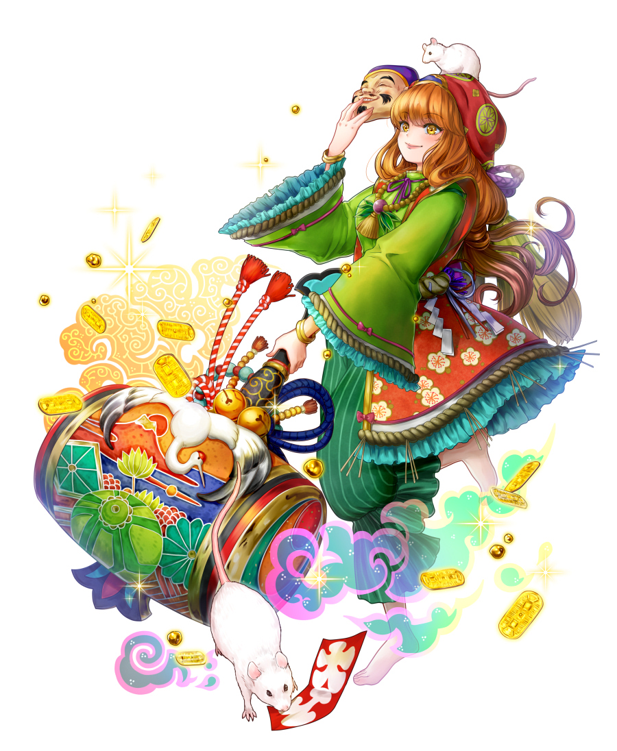 animal animal_on_head barefoot bell bracelet brown_hair coin commentary_request floral_print jewelry jingle_bell long_hair magical_girl mallet mask mask_removed necklace on_head original rat shide smile solo standing tachi-e very_long_hair white_background wide_sleeves yellow_eyes yogikka