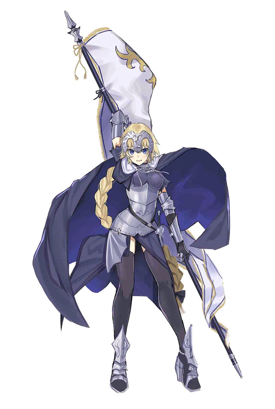 arm_up armor armored_boots armored_dress banner black_cape black_legwear blonde_hair blue_eyes boots braided_ponytail breasts breasts_apart cape fate/apocrypha fate_(series) faulds full_body gauntlets headpiece high_heel_boots high_heels highres holding jeanne_d'arc_(fate) jeanne_d'arc_(fate)_(all) long_hair looking_at_viewer medium_breasts open_mouth ponytail solo standing teshima_nari thighhighs very_long_hair