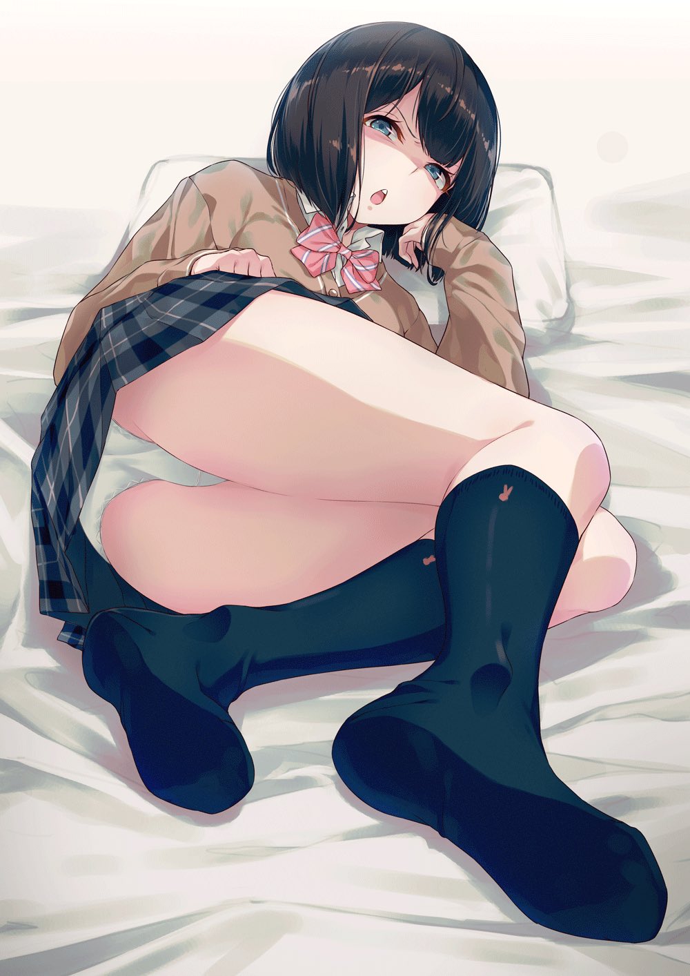 40hara arm_rest ass bangs black_hair black_legwear black_skirt blue_eyes bow bowtie brown_shirt check_commentary collared_shirt commentary commentary_request frown glaring highres kneehighs long_sleeves looking_at_viewer lying miniskirt no_shoes on_bed on_side open_mouth original panties partial_commentary pillow pink_neckwear plaid plaid_skirt pleated_skirt school_uniform shaded_face shirt short_hair skirt solo striped striped_neckwear underwear upper_teeth white_panties white_shirt