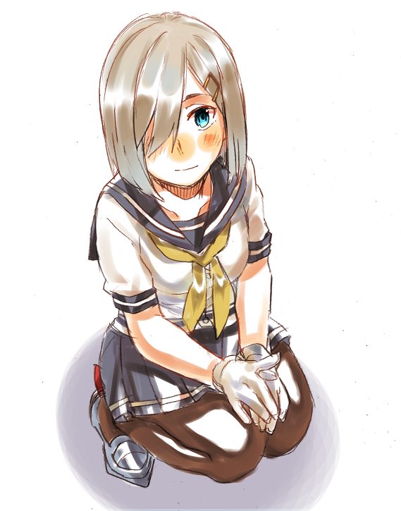 blue_eyes brown_legwear from_above full_body gloves grey_sailor_collar grey_skirt hair_ornament hair_over_one_eye hairclip hamakaze_(kantai_collection) kantai_collection looking_at_viewer neckerchief pantyhose pleated_skirt sagamiso sailor_collar school_uniform serafuku short_hair short_sleeves silver_hair simple_background skirt solo squatting white_background white_gloves yellow_neckwear