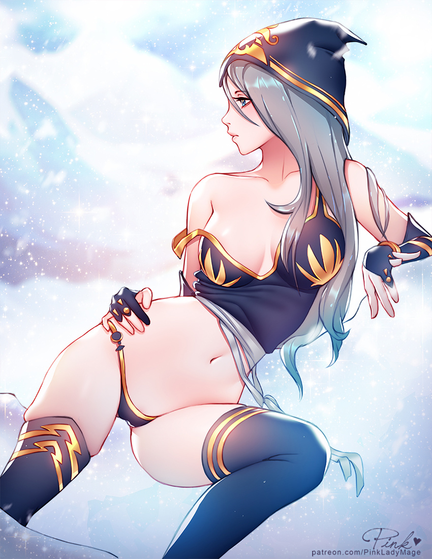 ashe_(league_of_legends) blue_eyes commentary elbow_gloves gloves grey_hair hood league_of_legends long_hair navel off_shoulder pink_lady_mage profile skindentation thighhighs
