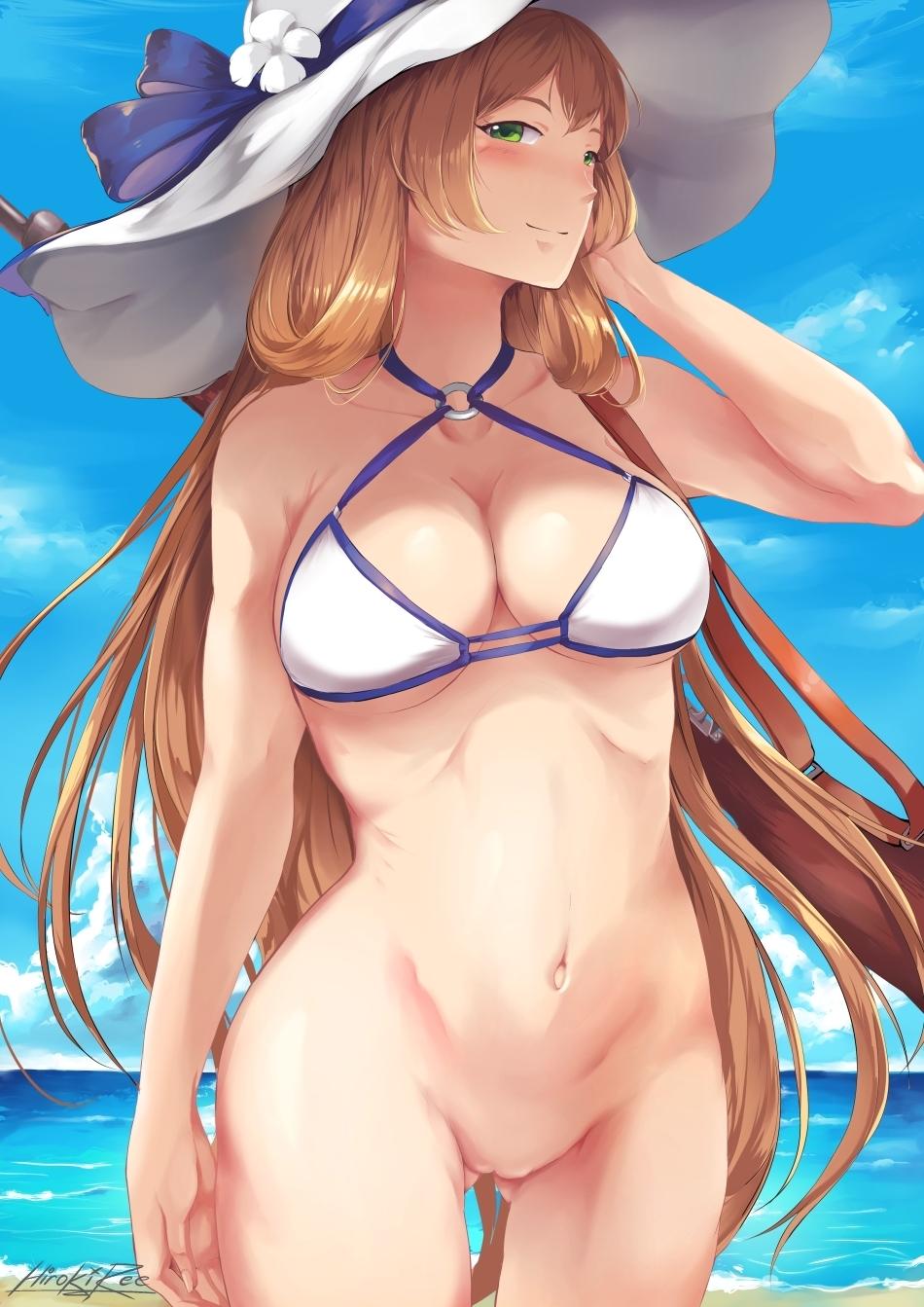 1girl adjusting_hair arm_at_side artist_name bangs bare_arms bare_legs bare_shoulders beach bikini bikini_top blue_bikini blue_sky blue_swimsuit blush bolt_action bottomless breasts cleavage closed_mouth cloud collarbone cowboy_shot criss-cross_halter day eyebrows_visible_through_hair female girls_frontline green_eyes groin gun hair_between_eyes hair_rings halterneck hand_up hat highres hiroki_ree large_breasts legs light_brown_hair long_hair looking_at_viewer m1903_springfield m1903_springfield_(girls_frontline) navel neck o-ring o-ring_bikini o-ring_swimsuit o-ring_top ocean outdoors pussy rifle sand sea see-through sidelocks signature sky smile solo standing stomach summer sun_hat swimsuit thighs uncensored water weapon weapon_on_back white_bikini white_hat white_swimsuit