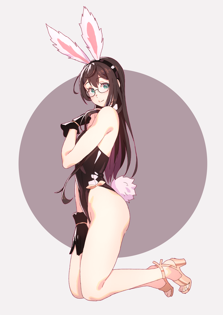 animal_ears black_gloves black_hair black_leotard breasts bunny_ears bunny_tail bunnysuit circle detached_collar full_body glasses gloves green_eyes grey_background hairband highres kantai_collection kneeling leotard long_hair looking_at_viewer ooyodo_(kantai_collection) open_toe_shoes semi-rimless_eyewear small_breasts solo strapless strapless_leotard tail two-tone_background under-rim_eyewear yuuji_(and)