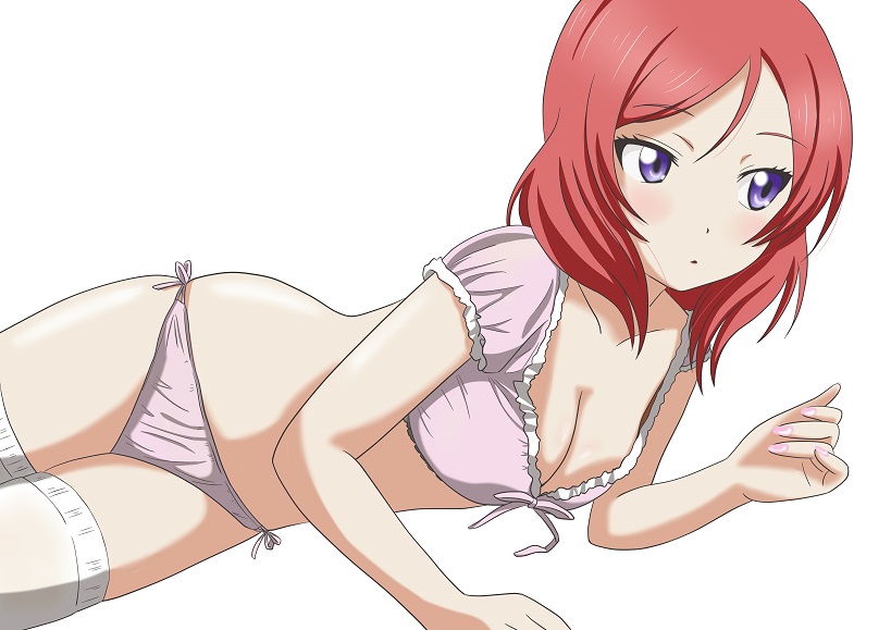 10s 1girl blush breasts cleavage downblouse eyebrows_visible_through_hair kosu large_breasts love_live! love_live!_school_idol_project lying medium_hair nail_polish nishikino_maki no_bra on_side panties parted_lips pink_nails pink_panties purple_eyes red_hair simple_background solo thighhighs tsurime underwear white_background