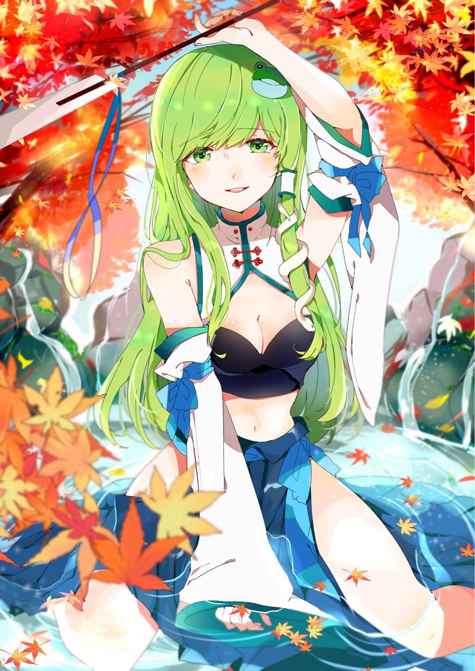 adapted_costume arm_up autumn autumn_leaves bangs between_legs blue_ribbon blue_skirt blush breasts bustier cleavage day detached_sleeves frog_hair_ornament gohei green_eyes green_hair hair_ornament hair_tubes hand_between_legs highres holding kochiya_sanae leaf long_hair looking_at_viewer maple_leaf medium_breasts midriff navel oonusa outdoors parted_lips partially_submerged potesara ribbon rock skirt smile snake_hair_ornament solo touhou tree water wide_sleeves