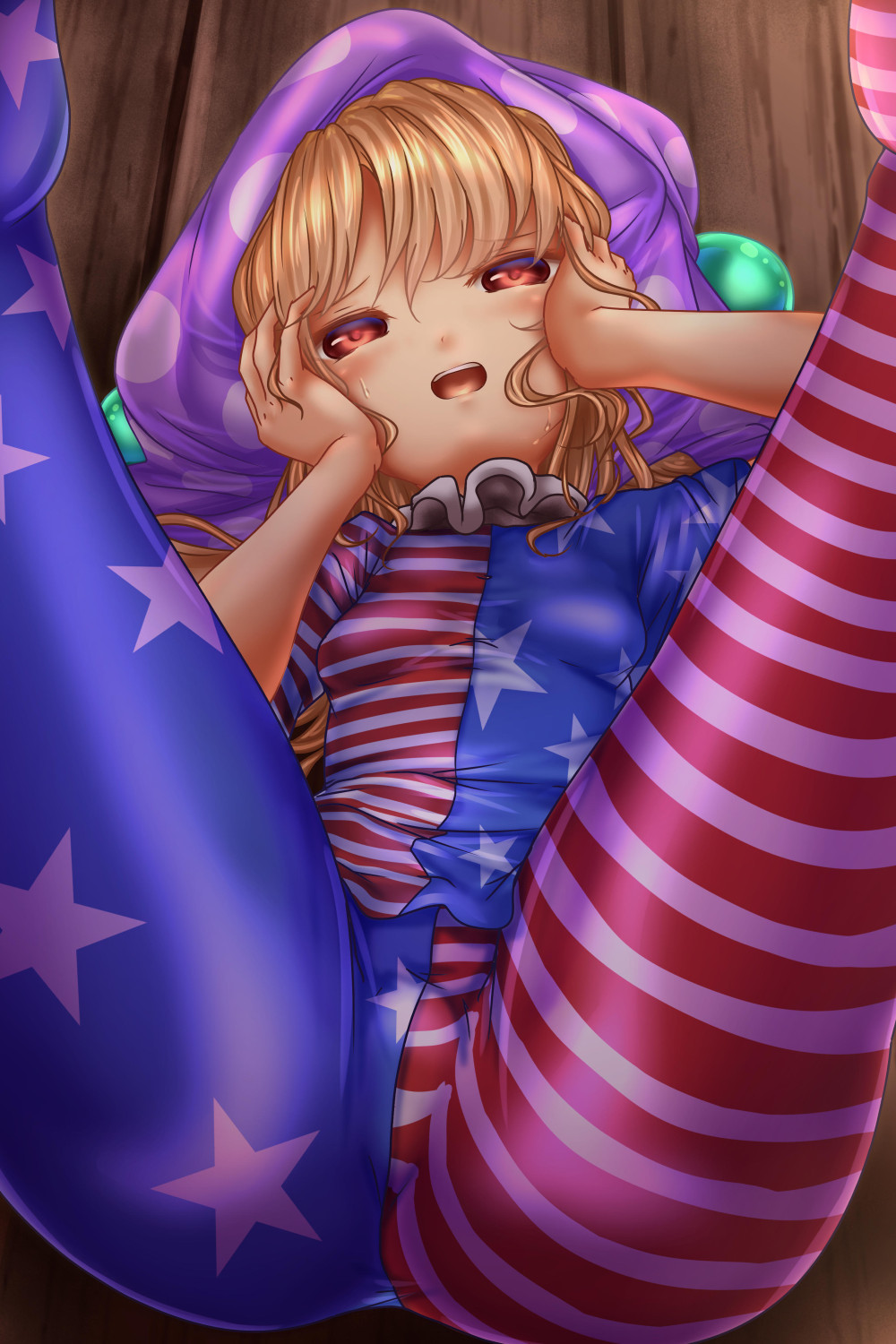 american_flag_legwear ass blonde_hair breasts brown_eyes clownpiece commentary_request flag_print hands_on_own_face hat highres legs_up looking_at_viewer lying neck_ruff on_back open_mouth pantyhose shounen_(hogehoge) small_breasts solo sweat thighs touhou