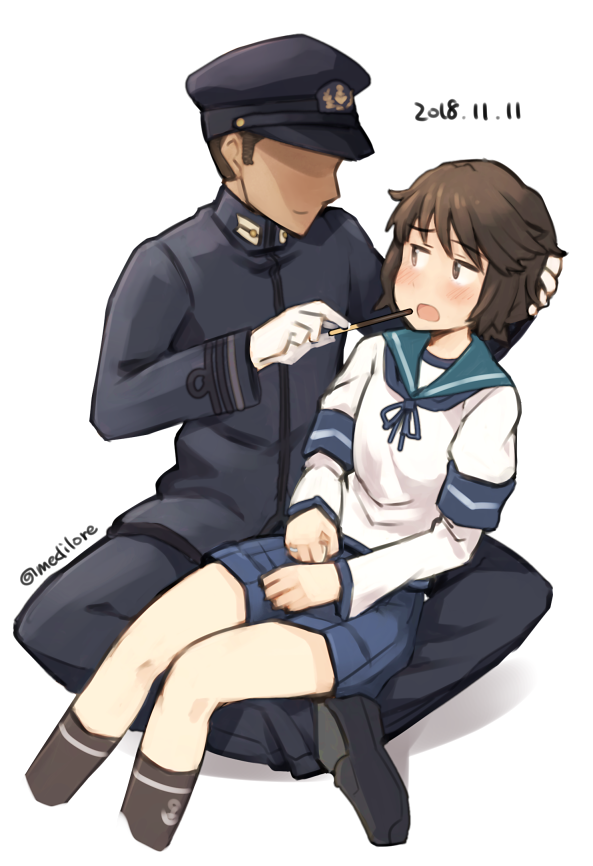 1girl admiral_(kantai_collection) arm_warmers black_hair blue_sailor_collar blue_skirt brown_eyes couple cropped_legs dated eye_contact faceless faceless_male feeding food kantai_collection looking_at_another miyuki_(kantai_collection) open_mouth pleated_skirt pocky pocky_day sailor_collar sakura_(medilore) school_uniform serafuku short_hair simple_background sitting sitting_on_lap sitting_on_person skirt twitter_username white_background