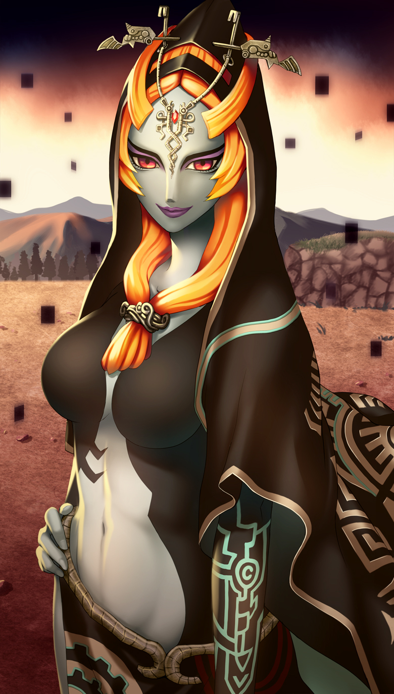 cape commentary_request eyeshadow front_ponytail grey_skin highres hinome hood lipstick long_hair looking_at_viewer makeup midna midna_(true) navel orange_hair purple_lipstick red_eyes solo spoilers tattoo the_legend_of_zelda the_legend_of_zelda:_twilight_princess