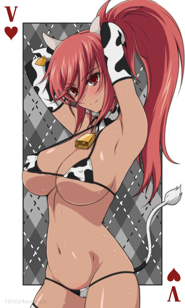 animal_print armpits arms_behind_head bell bikini blush breasts card commentary_request cow_bell cow_girl cow_print cow_tail dark_skin detached_collar ear_tag eyes_visible_through_hair hair_over_eyes high_ponytail la_hire_(ulysses) large_breasts long_hair looking_at_viewer micro_bikini natsukimonou navel official_art playing_card ponytail red_eyes red_hair smile solo strap_gap sweat swimsuit tail thighhighs ulysses_jeanne_d'arc_to_renkin_no_kishi very_long_hair
