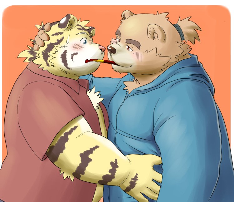 2018 anthro bear belly blush clothing duo feline hug humanoid_hands itachi_guma male mammal overweight overweight_male pocky shirt simple_background tiger