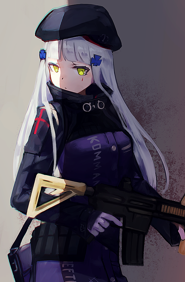 assault_rifle beret commentary_request facial_mark girls_frontline gloves green_eyes gun hat heckler_&amp;_koch hk416 hk416_(girls_frontline) long_hair looking_at_viewer looking_to_the_side rifle solo teardrop tokoroden trigger_discipline weapon white_hair