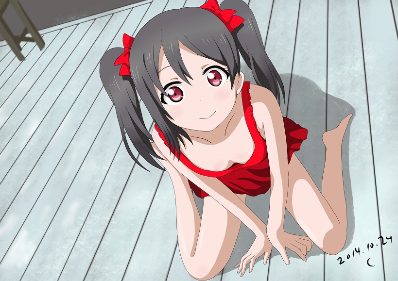 10s 1girl 2014 arm_support bare_arms bare_legs bare_shoulders barefoot black_hair blush bow breasts cleavage dated downblouse dress dutch_angle hair_bow kosu looking_at_viewer love_live! love_live!_school_idol_project medium_hair no_bra red_dress red_eyes sitting small_breasts smile solo twintails wariza yazawa_nico