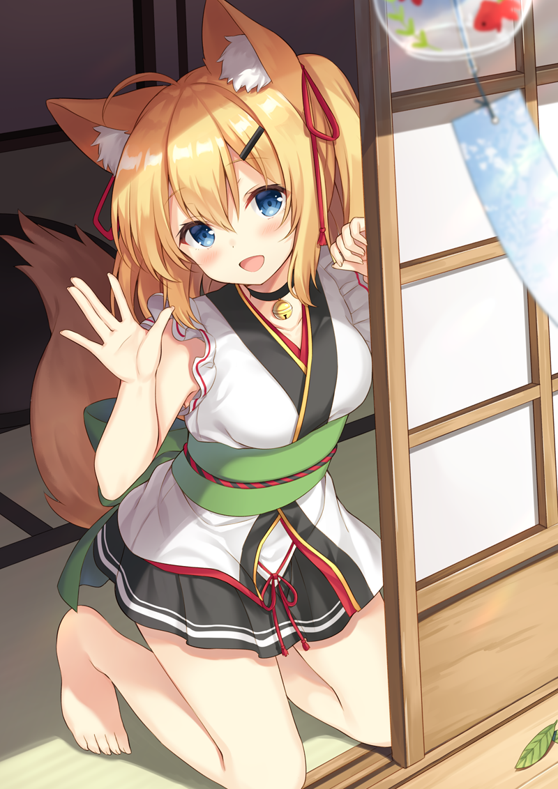 :d \||/ ahoge animal_ear_fluff animal_ears bangs bare_arms barefoot bell bell_choker black_skirt blonde_hair blue_eyes blurry blurry_foreground blush breasts choker commentary_request day depth_of_field eyebrows_visible_through_hair fox_ears fox_tail frills hair_between_eyes hair_ornament hair_ribbon hairclip head_tilt indoors japanese_clothes jingle_bell kimono kneeling leaf long_hair looking_at_viewer medium_breasts miniskirt nagisa3710 obi open_mouth original red_ribbon ribbon sash shouji skirt sliding_doors smile solo tail tatami toes two_side_up waving wind_chime