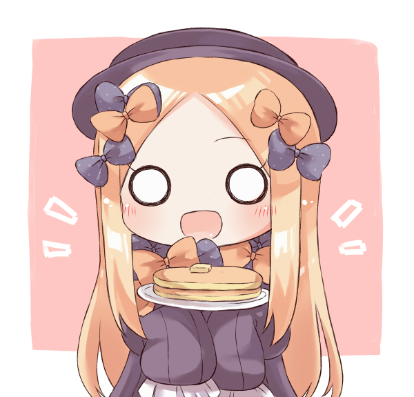 :d abigail_williams_(fate/grand_order) bad_id bad_pixiv_id bangs black_bow black_dress black_hat blonde_hair blue_eyes blush bow brown_background chibi commentary dress eyebrows_visible_through_hair fate/grand_order fate_(series) food forehead hair_bow hands_up hat hikkii holding holding_plate long_hair long_sleeves looking_at_viewer o_o open_mouth orange_bow pancake parted_bangs plate polka_dot polka_dot_bow sleeves_past_fingers sleeves_past_wrists smile solo stack_of_pancakes two-tone_background upper_body very_long_hair white_background