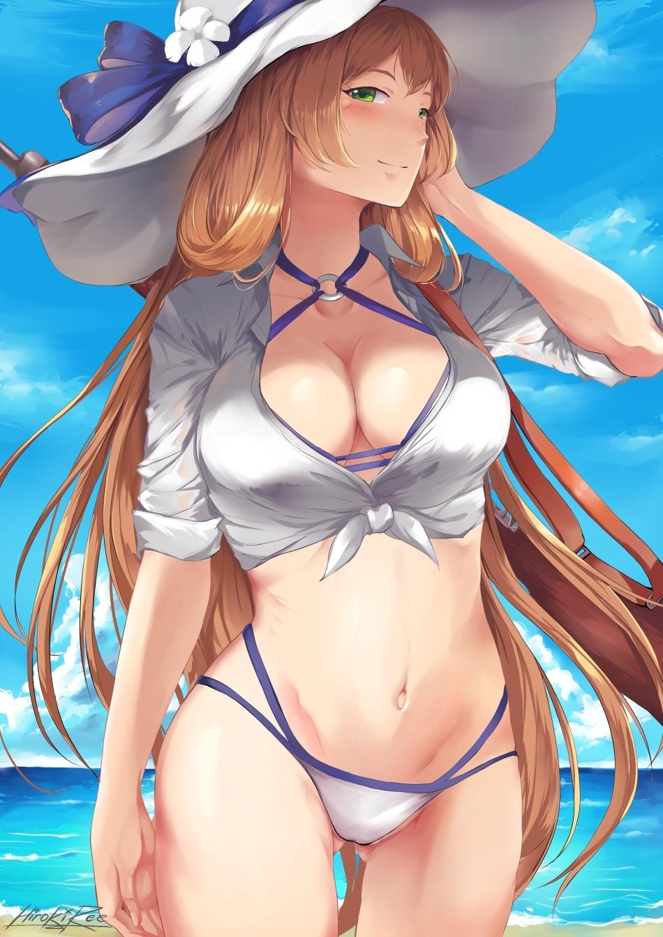 1girl adjusting_hair alternate_costume arm_at_side artist_name bangs bare_legs beach bikini blue_bikini blue_sky blue_swimsuit blush bolt_action breasts cleavage closed_mouth cloud collarbone collared_shirt cowboy_shot criss-cross_halter day eyebrows_visible_through_hair female girls_frontline green_eyes groin gun hair_between_eyes hair_rings halterneck hand_up hat highleg highleg_bikini highleg_swimsuit highres hiroki_ree large_breasts legs light_brown_hair long_hair looking_at_viewer m1903_springfield m1903_springfield_(girls_frontline) navel neck o-ring o-ring_bikini o-ring_swimsuit o-ring_top ocean open_clothes open_shirt outdoors rifle sand sea see-through shirt sidelocks signature sky sleeves_rolled_up smile solo standing stomach summer sun_hat swimsuit thighs tied_shirt water weapon weapon_on_back white_bikini white_hat white_shirt white_swimsuit