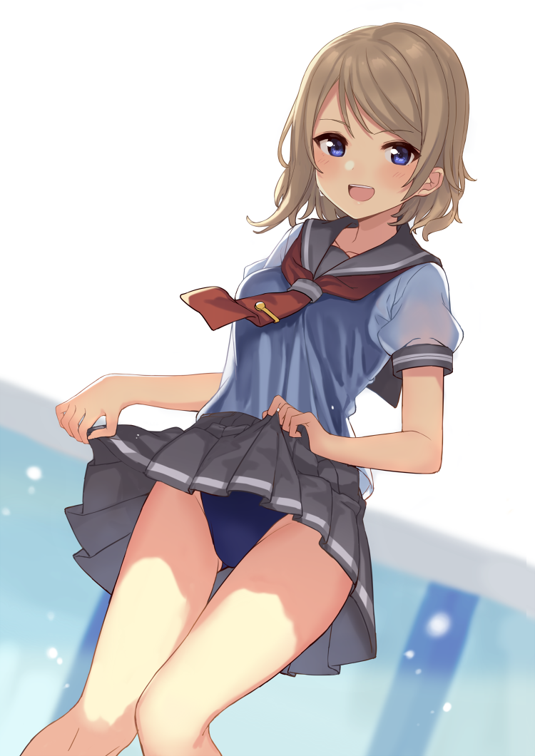 bangs blue_eyes blue_swimsuit blush brown_hair collarbone eyebrows_visible_through_hair hair_between_eyes hajime_kaname looking_at_viewer love_live! love_live!_sunshine!! miniskirt neckerchief one-piece_swimsuit open_mouth pleated_skirt sailor_collar school_swimsuit school_uniform see-through short_hair skirt skirt_lift smile solo swimsuit swimsuit_under_clothes upskirt watanabe_you water wet wet_clothes