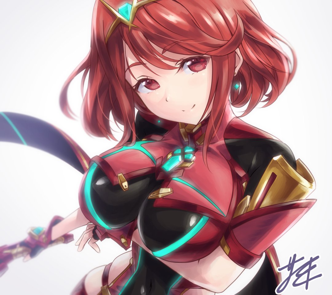 bangs blush breasts earrings fingerless_gloves gloves hair_ornament headpiece homura_(xenoblade_2) jewelry large_breasts long_hair looking_at_viewer red_eyes red_hair red_shorts short_hair shorts shoulder_armor smile solo swept_bangs tiara xenoblade_(series) xenoblade_2 yoshiomi