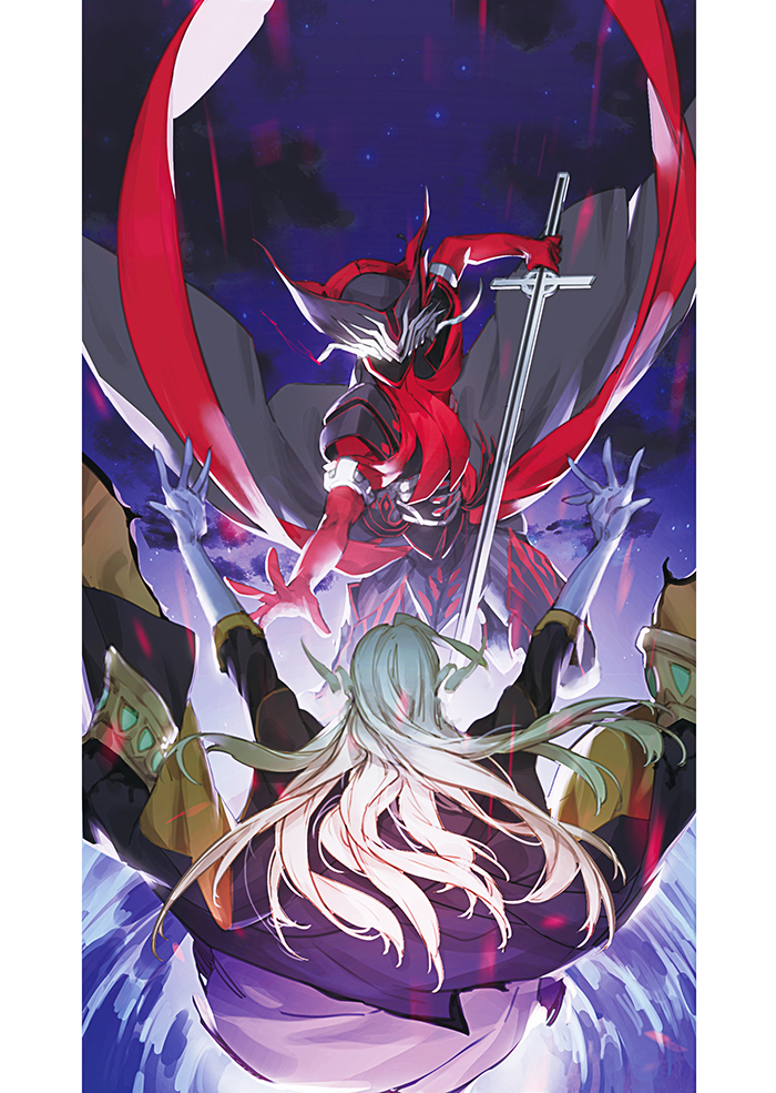 antonio_salieri_(fate/grand_order) battle black_gloves blonde_hair blue_background coat fate/grand_order fate_(series) gloves holding holding_sword holding_weapon jacket_on_shoulders krab long_hair male_focus mask multiple_boys outstretched_arms spread_arms sword weapon wolfgang_amadeus_mozart_(fate/grand_order)