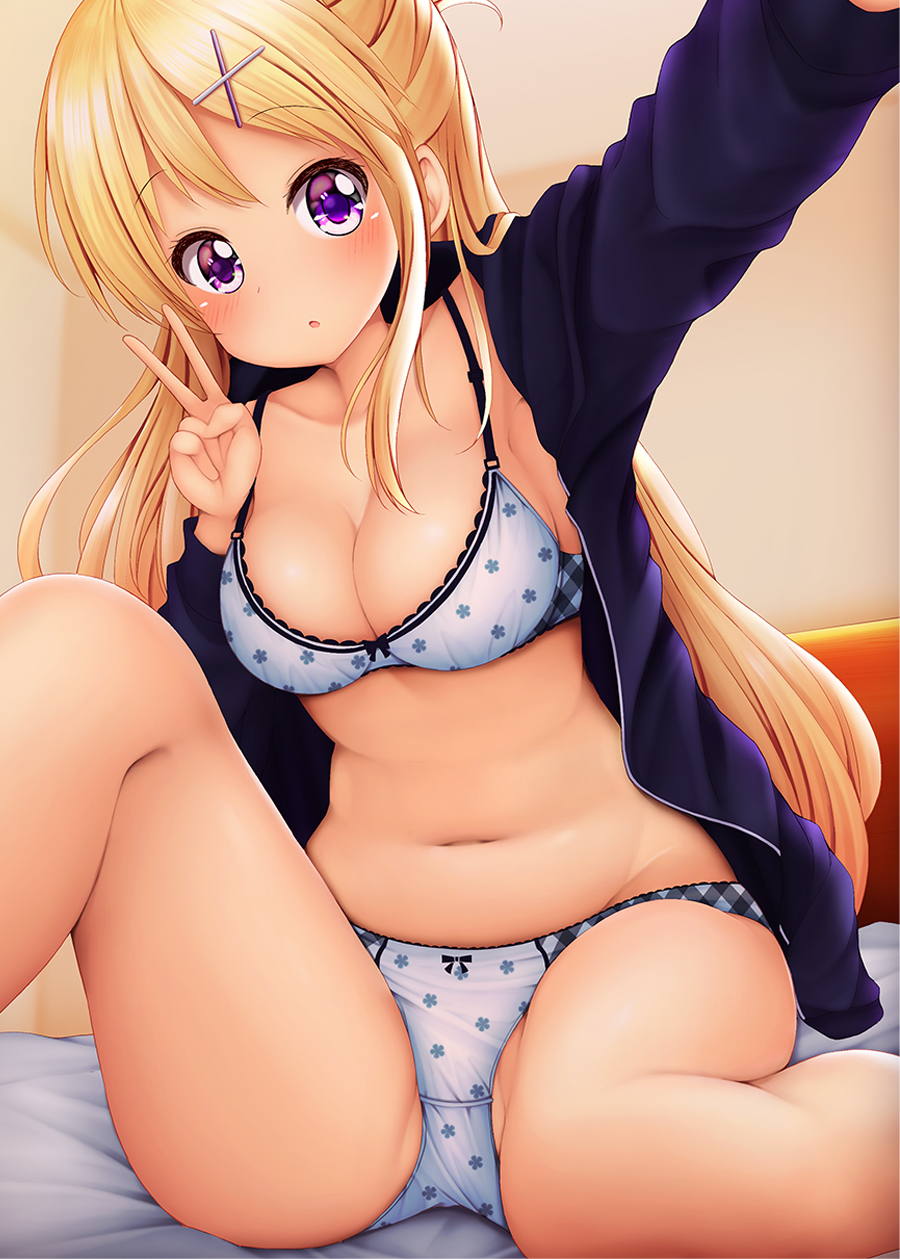 :o arm_up bangs blonde_hair blush bow bow_bra bow_panties bra breasts cleavage collarbone commentary_request eyebrows_visible_through_hair hair_ornament hairclip hand_up head_tilt highres indoors jacket kin-iro_mosaic kujou_karen long_hair medium_breasts minato_(ojitan_gozaru) navel open_clothes open_jacket outstretched_arm panties parted_lips purple_eyes purple_jacket reaching_out self_shot sitting solo underwear v very_long_hair white_bra white_panties x_hair_ornament