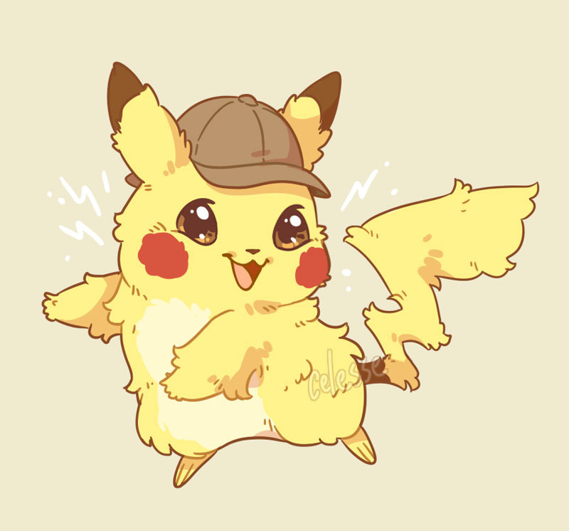 2018 3_toes 5_fingers brown_eyes celesse deerstalker_hat detective_pikachu digital_drawing_(artwork) digital_media_(artwork) dipstick_ears fluffy fur hat nintendo open_mouth open_smile pikachu pok&eacute;mon pok&eacute;mon:_detective_pikachu pok&eacute;mon_(species) red_cheeks samantha_whitten simple_background smile solo tan_background toes video_games watermark yellow_fur