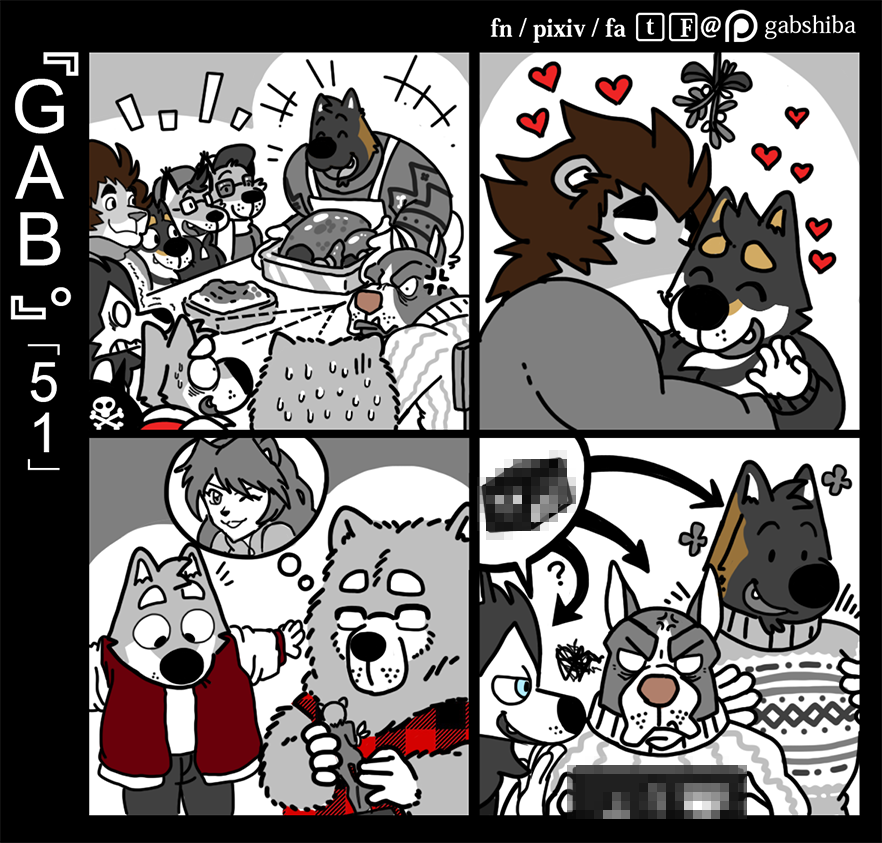 &lt;3 5_fingers ? akita anger_vein angry anthro apron bau_husky brown_mane canine censored chair chow_chow christmas clothed clothing cute_fangs directional_arrows dog emanata empty_eyes feline figurine food fox fully_clothed gab_shiba gabshiba glare group head_tuft holding_object holidays husky jacket kissing kuro_(gabshiba) lion male male/male mammal mane mistletoe neon_genesis_evangelion nervous one_eye_closed open_jacket open_mouth open_smile pants pit_bull plant rai_(gabshiba) ruff_bull shaking shiba_inu shivering siberian_husky sitting smile standing stare sweat sweatdrop sweater table turkey_(food) voff_akita wang_chow wink