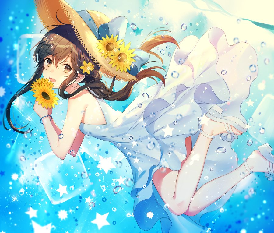 :d achiki blue_bow blue_ribbon bow brown_eyes brown_hair dress flower full_body hair_between_eyes hair_flower hair_ornament hat hat_bow hat_flower hat_ribbon holding holding_flower long_hair looking_at_viewer open_mouth original ponytail ribbon sidelocks sleeveless sleeveless_dress smile solo star straw_hat sun_hat sundress sunflower white_dress yellow_flower yellow_hat