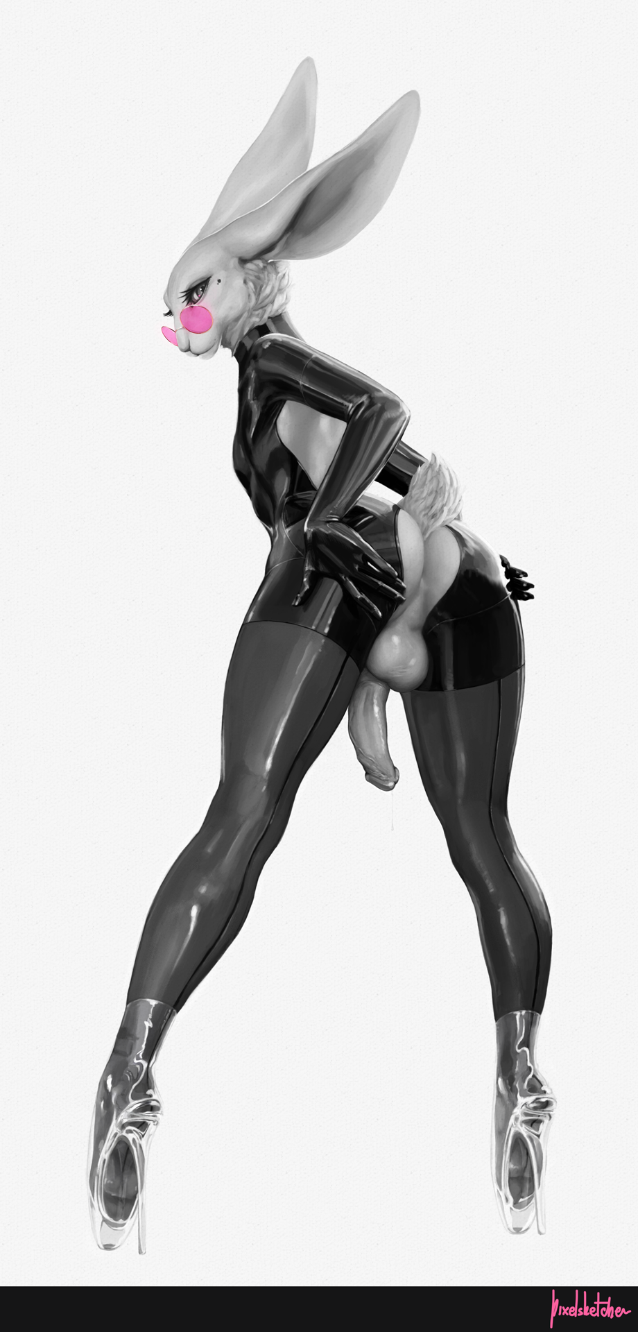2018 anthro backsack ballet_boots balls beauty_mark big_butt bodysuit boots butt clothed clothing digital_media_(artwork) erection eyelashes eyewear footwear fur girly glasses gloves hare hi_res high_heels lagomorph looking_back male mammal penis perineum pink_glasses pixelsketcher rabbit rubber shoes simple_background skinsuit solo standing suit thick_thighs tight_clothing translucent wide_hips