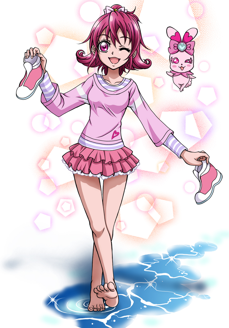 ;d aida_mana barefoot bow dokidoki!_precure eyebrows_visible_through_hair frilled_skirt frills full_body hair_between_eyes hair_bow hanzou heart heart_print holding holding_shoes layered_skirt long_sleeves looking_at_viewer miniskirt one_eye_closed open_mouth pink_bow pink_eyes pink_hair pink_shirt pink_skirt precure print_shirt sharuru_(dokidoki!_precure) shiny shiny_hair shirt shoes shoes_removed short_hair skirt smile soles solo standing striped striped_shirt wading white_bow