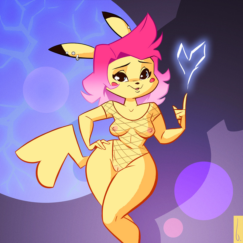 abstract_background anthro anthrofied birchly breasts clothing dipstick_ears ear_piercing female fishnet front_view hair hand_on_hip humanoid_hands looking_at_viewer mammal mostly_nude nintendo nipples open_mouth piercing pikachu pink_hair pink_nipples pinup pointing pok&eacute;mon pok&eacute;mon_(species) pok&eacute;morph portrait pose pussy revealing_(disambiguation) rodent solo standing thick_thighs three-quarter_portrait translucent transparent_clothing video_games wide_hips yellow_skin