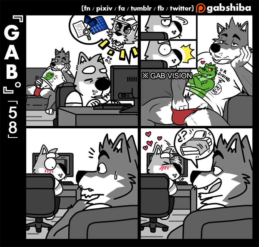 &lt;3 3_toes 5_fingers anthro arm_support blush bulge canine caught chair cheek_tuft clothed clothing comic computer desk dog duo emanata english_text eyebrows flat_colors fully_clothed gab_shiba gabshiba half-closed_eyes head_tuft inside keyboard leaning_on_elbow looking_back male male/male mammal monitor nodding office_chair on_sofa open_mouth open_smile partially_clothed pictographics reclining red_underwear restricted_palette shiba_inu shirt sitting smile sweat sweatdrop t-shirt text toes tuft underwear whiskers wolf wuff_(gabshiba)
