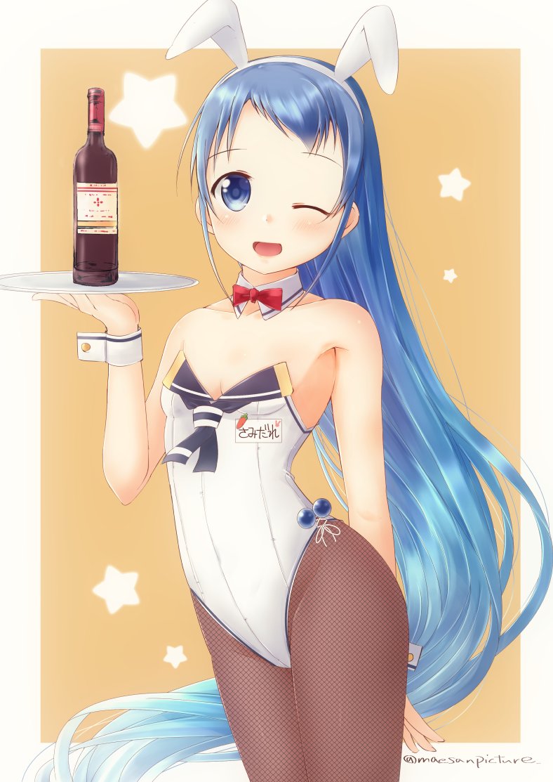 ;d alternate_costume animal_ears artist_name bangs bare_arms bare_shoulders blue_eyes blue_hair bottle breasts bunny_ears bunnysuit carrot collar gradient_hair holding holding_tray kantai_collection leotard long_hair looking_at_viewer mae_(maesanpicture) multicolored_hair name_tag one_eye_closed open_mouth pantyhose red_neckwear samidare_(kantai_collection) simple_background small_breasts smile solo star swept_bangs tray very_long_hair white_leotard wrist_cuffs