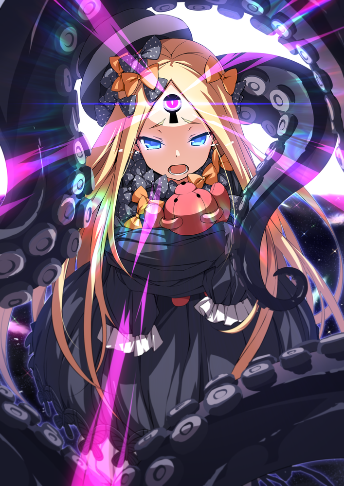 abigail_williams_(fate/grand_order) bangs black_bow black_dress black_hat blonde_hair blue_eyes bow bug butterfly commentary_request dress fate/grand_order fate_(series) glowing glowing_eyes hair_bow hat insect long_hair long_sleeves looking_at_viewer object_hug open_mouth orange_bow parted_bangs polka_dot polka_dot_bow sleeves_past_fingers sleeves_past_wrists solo star_(sky) stuffed_animal stuffed_toy suction_cups teddy_bear tentacles tilted_headwear tsurime ugume very_long_hair