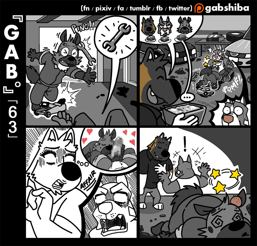 ! &lt;3 ... 5_fingers akita anger_vein angry anthro band-aid bandage black_border black_fur black_nose border brown_fur canine car censored clothed clothing comic cutaway dog erection eyebrows eyelashes eyes_closed food fully_clothed fur gabshiba grey_fur group holding_object hyena inside interspecies licking lying male male/male mammal mechanic misunderstanding multicolored_fur on_back on_front oral penis penis_grab penis_lick pictographics pink_nose pit_bull ruff_bull sex shocked standing star sweat sweatdrop tire tongue tongue_out tools tripping two_tone_fur unconscious vehicle voff_akita white_fur wrench