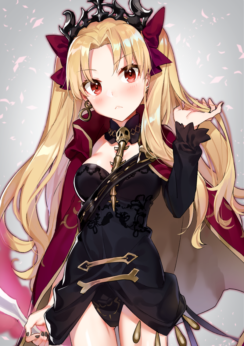 black_dress black_nails blonde_hair blush bow breasts cape closed_mouth commentary_request crown diadem dress earrings ereshkigal_(fate/grand_order) eyebrows_visible_through_hair fate/grand_order fate_(series) fingernails hair_between_eyes hair_bow hair_ornament hair_ribbon hand_in_hair hand_up head_tilt holding holding_weapon infinity jewelry long_hair long_sleeves looking_at_viewer medium_breasts multicolored multicolored_cape multicolored_clothes nail_polish parted_lips red_bow red_cape red_eyes ribbon shirako_miso skull solo spine tiara two_side_up weapon yellow_cape