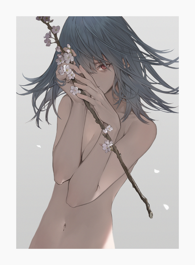 branch breasts cleavage collarbone covering covering_one_breast floating_hair flower grey_background grey_hair hair_between_eyes long_hair looking_at_viewer mgg_(x_arte) navel nude original petals red_eyes simple_background small_breasts solo upper_body