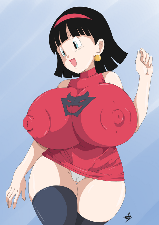 1girl black_hair blue_eyes breasts dragon_ball dragon_ball_super erect_nipples huge_breasts open_mouth pussy solo toshiso_(artist) videl