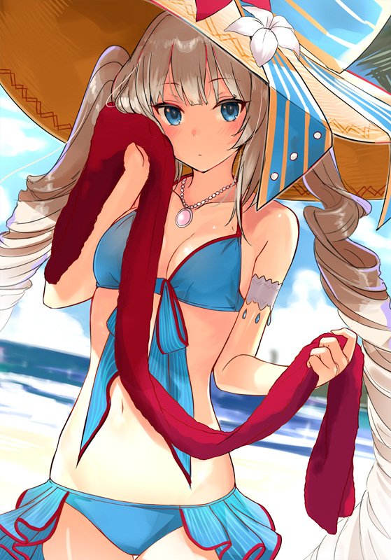 arm_strap beach bikini blue_bikini blue_eyes blurry blurry_background breasts cleavage collarbone day drill_hair fate/grand_order fate_(series) floating_hair flower front-tie_bikini front-tie_top hat hat_flower hibiscus holding holding_towel jewelry long_hair looking_at_viewer marie_antoinette_(fate/grand_order) marie_antoinette_(swimsuit_caster)_(fate) medium_breasts miruto_netsuki navel necklace ocean outdoors red_towel shiny shiny_hair silver_hair solo sun_hat swimsuit towel twin_drills twintails very_long_hair white_flower yellow_hat